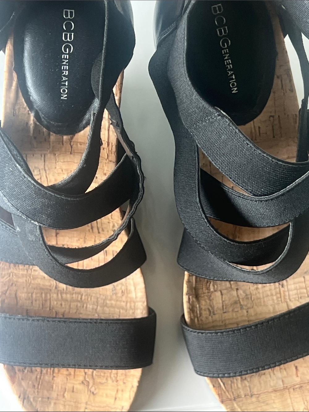 BCBGeneration Black Elastic Crossover Cork Wedge Sandals